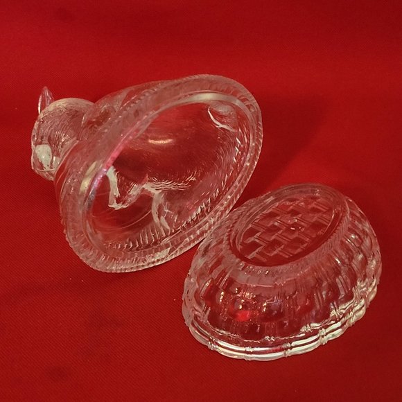 VTG Clear Glass Bunny Rabbit Nut on Nest Covered Trinket Oval Candy Dish Peach T - Picture 4 of 11